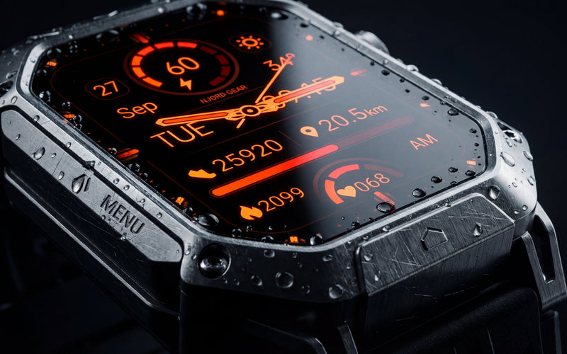 Njord APEX watch face close up, with water droplets on the screen and case